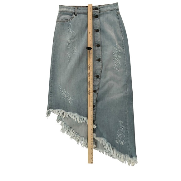 Retroféte Skirt Small Denim Button Midi Jeans Asymmetrical Distressed Fringe Hem - Picture 7 of 10